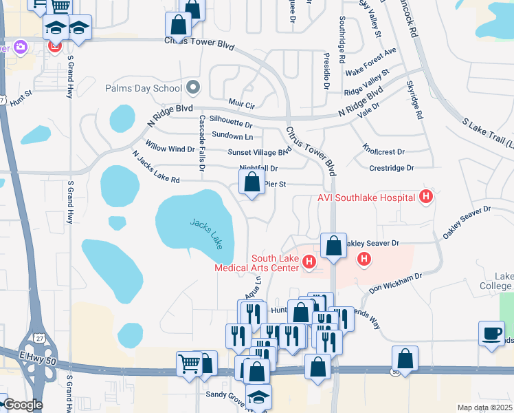 map of restaurants, bars, coffee shops, grocery stores, and more near 1553 Setting Sun Court in Clermont