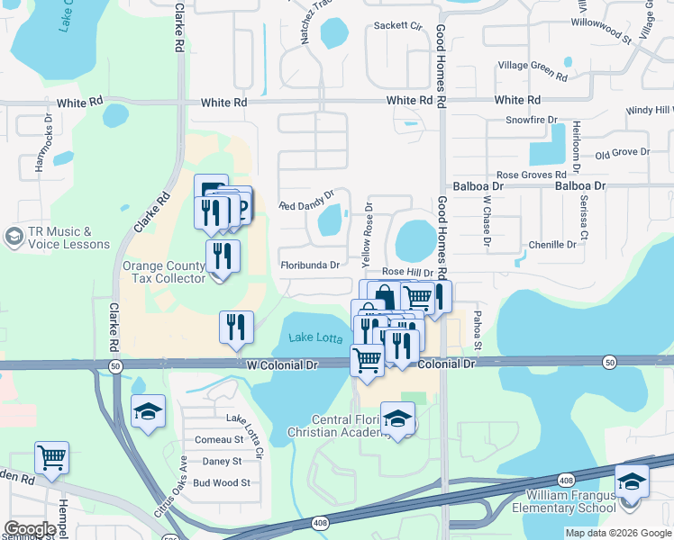 map of restaurants, bars, coffee shops, grocery stores, and more near 9024 Floribunda Drive in Orlando