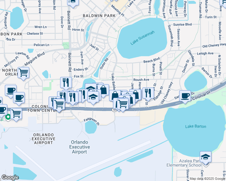 map of restaurants, bars, coffee shops, grocery stores, and more near 4315 Rixey Street in Orlando