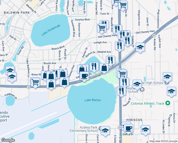 map of restaurants, bars, coffee shops, grocery stores, and more near 5088 Barton Drive in Orlando