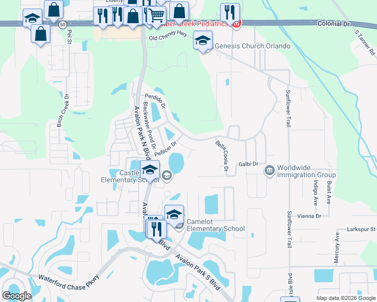 map of restaurants, bars, coffee shops, grocery stores, and more near 14927 Little Manatee Court in Orlando