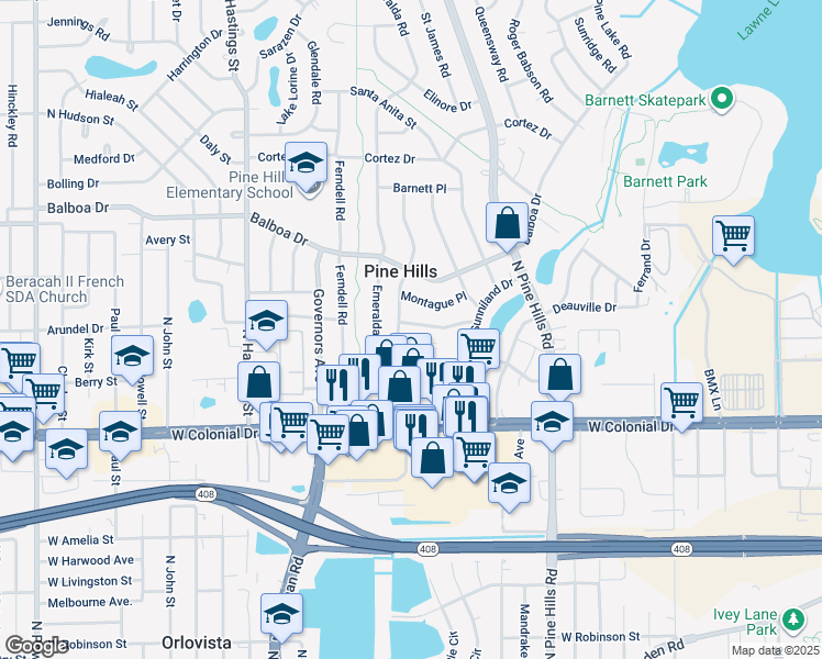 map of restaurants, bars, coffee shops, grocery stores, and more near 5222 Ashwood Place in Orlando
