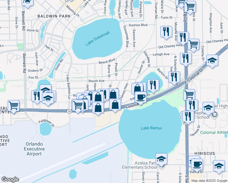map of restaurants, bars, coffee shops, grocery stores, and more near 744 Eldridge Street in Orlando