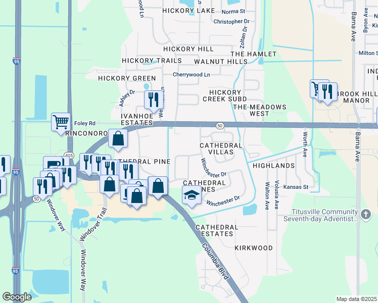 map of restaurants, bars, coffee shops, grocery stores, and more near 2810 Saint Marks Drive in Titusville