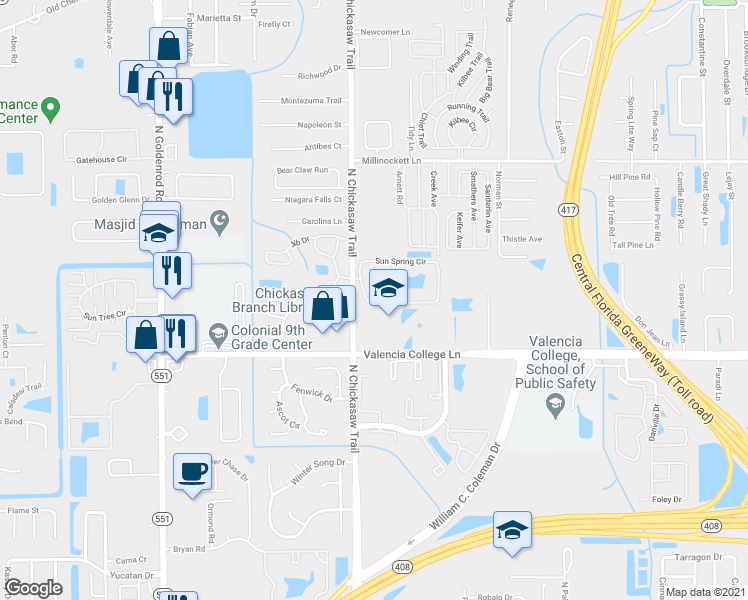 map of restaurants, bars, coffee shops, grocery stores, and more near 831 North Chickasaw Trail in Orlando