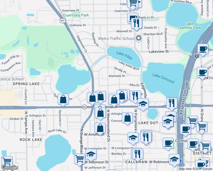 map of restaurants, bars, coffee shops, grocery stores, and more near 940 Alba Drive in Orlando