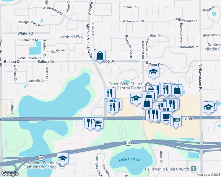 map of restaurants, bars, coffee shops, grocery stores, and more near 7408 Navel Tree Court in Orlando
