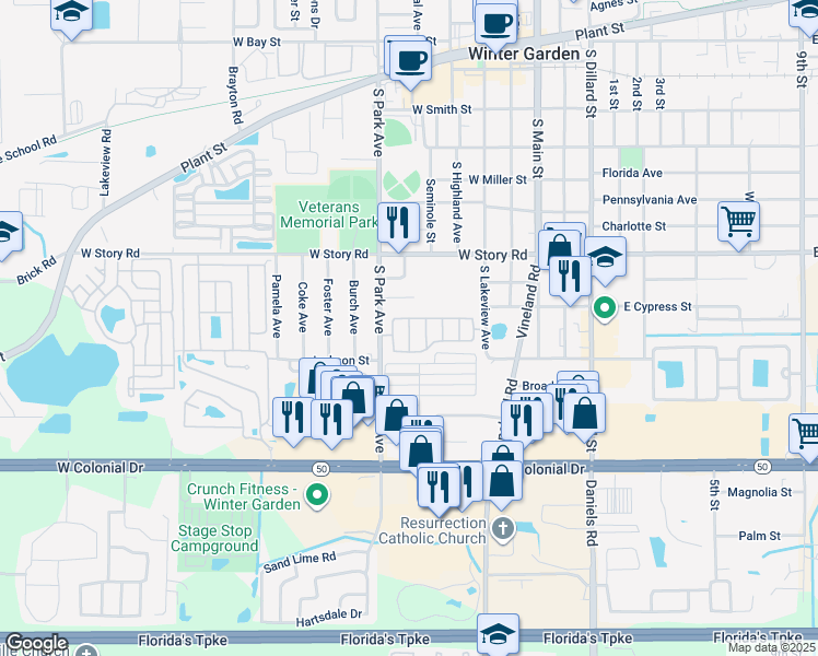 map of restaurants, bars, coffee shops, grocery stores, and more near 2-798 Hamlin Road in Winter Garden