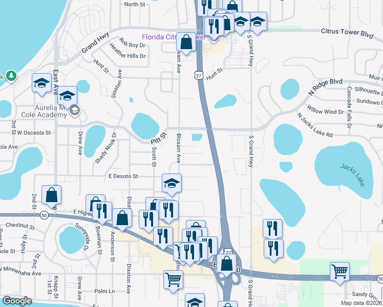 map of restaurants, bars, coffee shops, grocery stores, and more near 725 Roane Road in Clermont