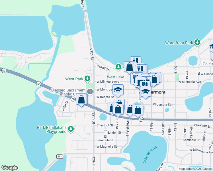 map of restaurants, bars, coffee shops, grocery stores, and more near 1149 West Montrose Street in Clermont