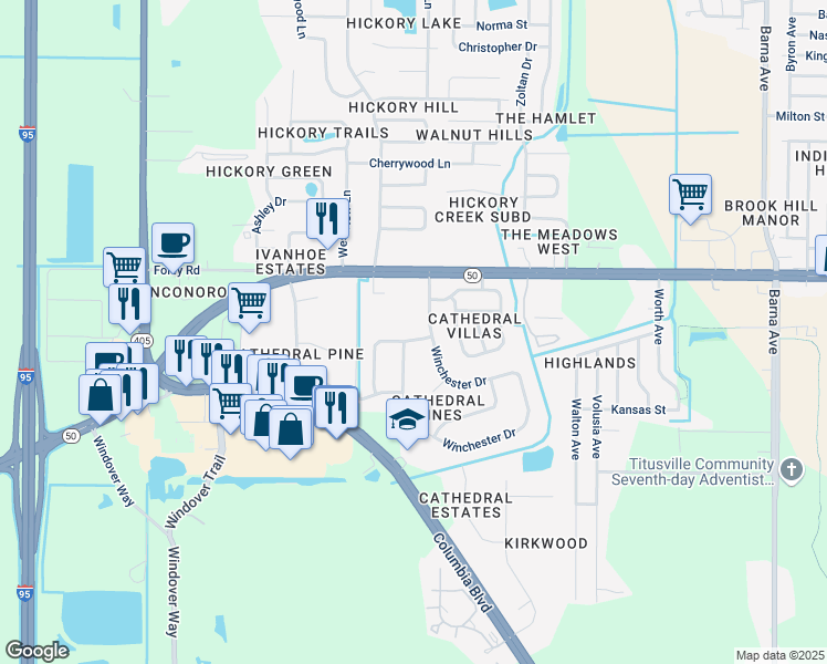 map of restaurants, bars, coffee shops, grocery stores, and more near 2810 Saint Marks Drive in Titusville