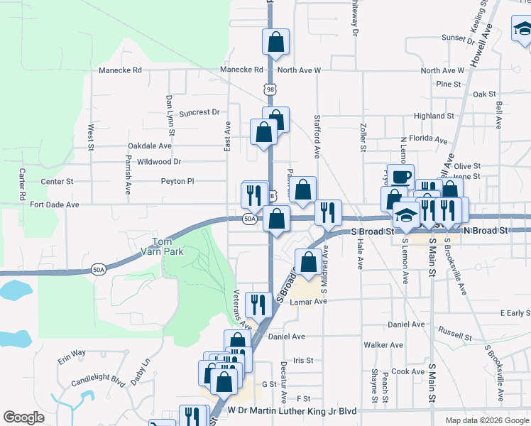 map of restaurants, bars, coffee shops, grocery stores, and more near 101 Ponce De Leon Boulevard in Brooksville