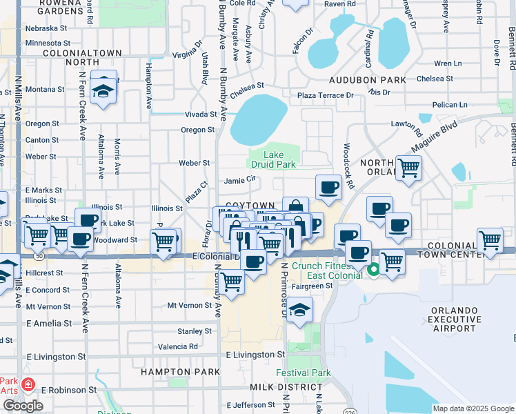 map of restaurants, bars, coffee shops, grocery stores, and more near 2609 Betty Street in Orlando