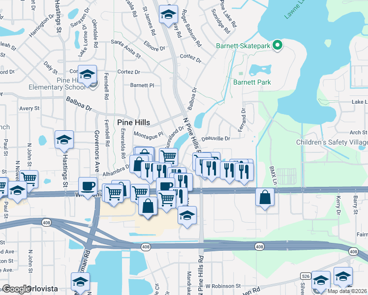 map of restaurants, bars, coffee shops, grocery stores, and more near 800 North Pine Hills Road in Orlando