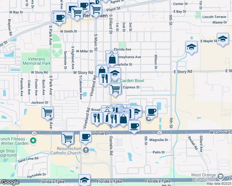 map of restaurants, bars, coffee shops, grocery stores, and more near 723 South Dillard Street in Winter Garden