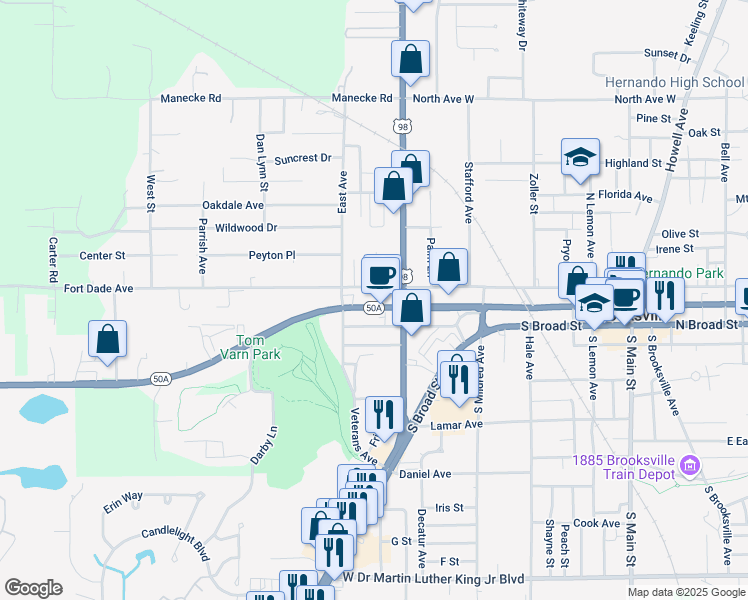 map of restaurants, bars, coffee shops, grocery stores, and more near 712 West Jefferson Street in Brooksville
