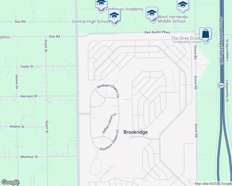 map of restaurants, bars, coffee shops, grocery stores, and more near 8846 Southern Charm Circle in Brooksville