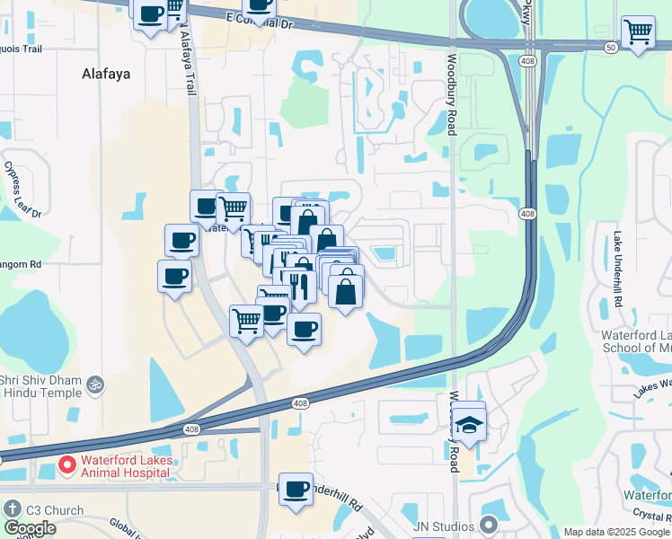 map of restaurants, bars, coffee shops, grocery stores, and more near 541 North Alafaya Trail in Orlando