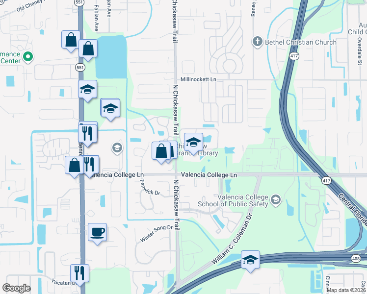 map of restaurants, bars, coffee shops, grocery stores, and more near 831 North Chickasaw Trail in Orlando
