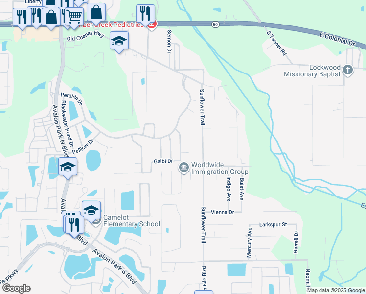 map of restaurants, bars, coffee shops, grocery stores, and more near 15646 Galbi Drive in Orlando