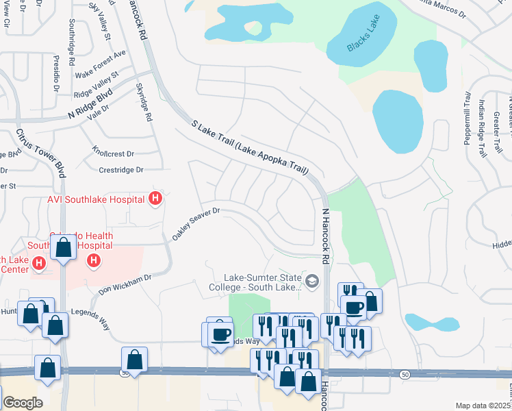 map of restaurants, bars, coffee shops, grocery stores, and more near 1066 Princeton Drive in Clermont