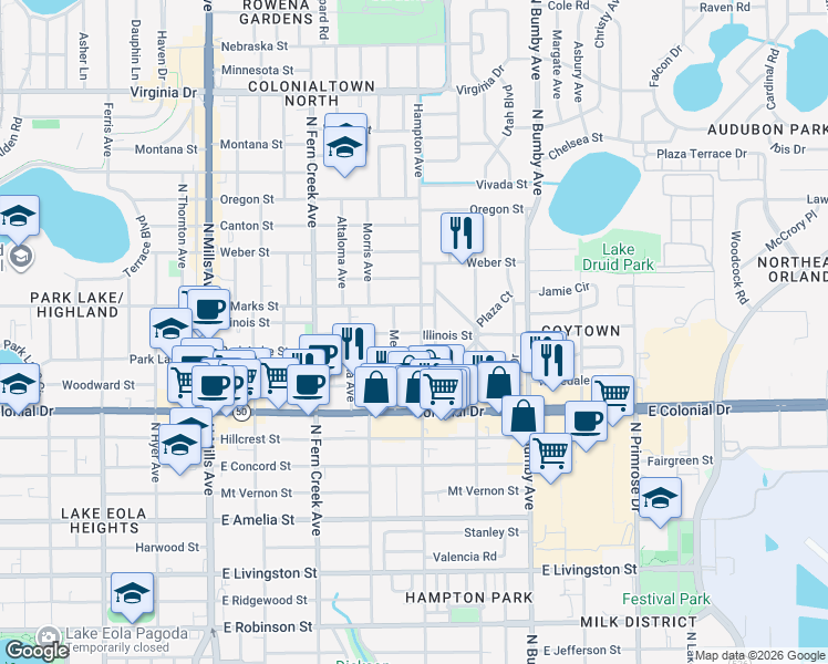 map of restaurants, bars, coffee shops, grocery stores, and more near 1920 Illinois Street in Orlando