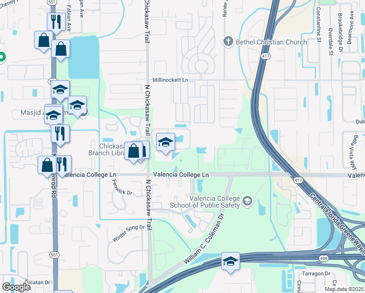 map of restaurants, bars, coffee shops, grocery stores, and more near 8207 Sun Spring Circle in Orlando
