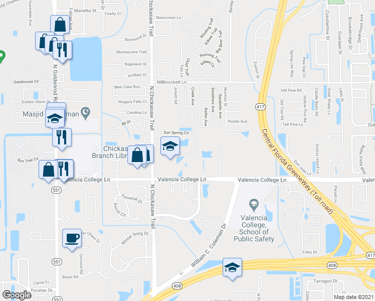 map of restaurants, bars, coffee shops, grocery stores, and more near 8207 Sun Spring Circle in Orlando