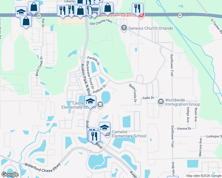 map of restaurants, bars, coffee shops, grocery stores, and more near 14927 Little Manatee Court in Orlando