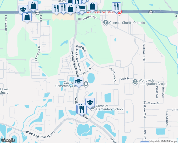 map of restaurants, bars, coffee shops, grocery stores, and more near 14834 Pellicer Drive in Orlando