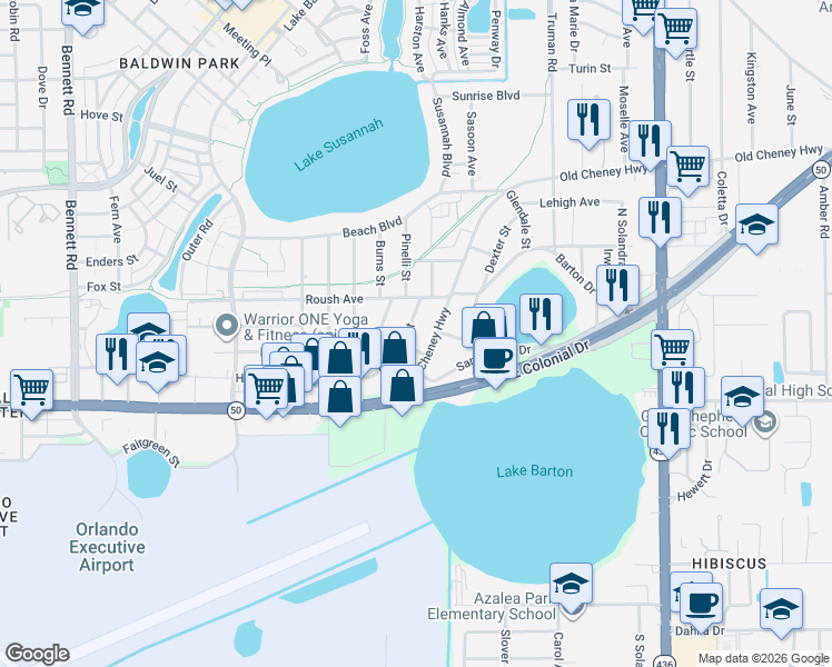 map of restaurants, bars, coffee shops, grocery stores, and more near 744 Eldridge Street in Orlando