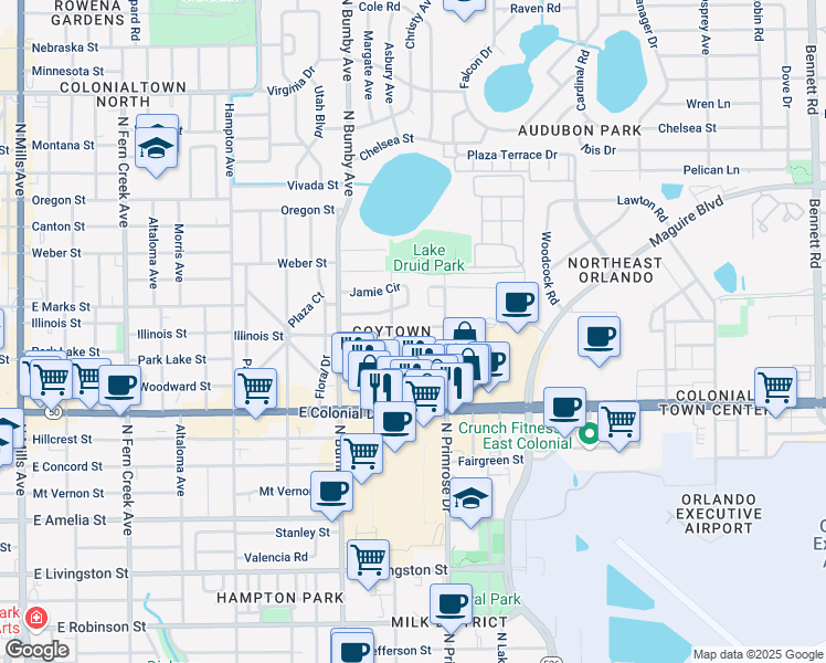map of restaurants, bars, coffee shops, grocery stores, and more near 2609 Betty Street in Orlando
