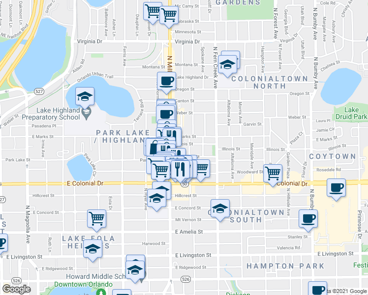 map of restaurants, bars, coffee shops, grocery stores, and more near 1235 Park Lake Street in Orlando