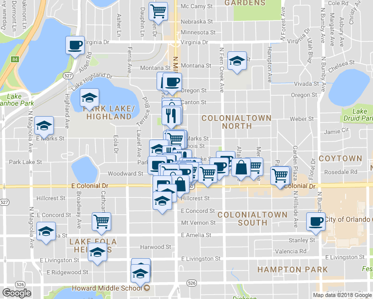 map of restaurants, bars, coffee shops, grocery stores, and more near 1235 Park Lake Street in Orlando
