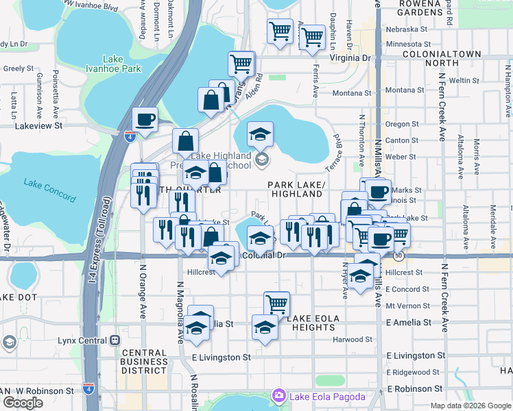 map of restaurants, bars, coffee shops, grocery stores, and more near 723 Highland Avenue in Orlando