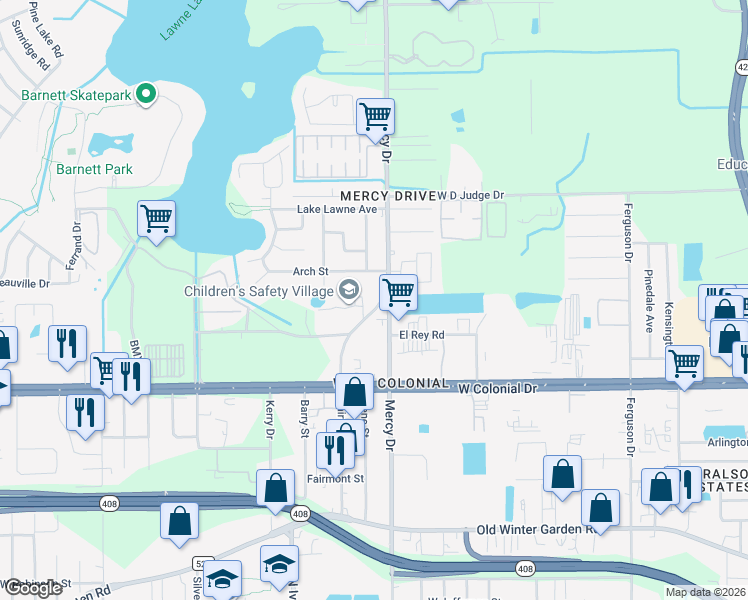 map of restaurants, bars, coffee shops, grocery stores, and more near 917 Mercy Drive in Orlando