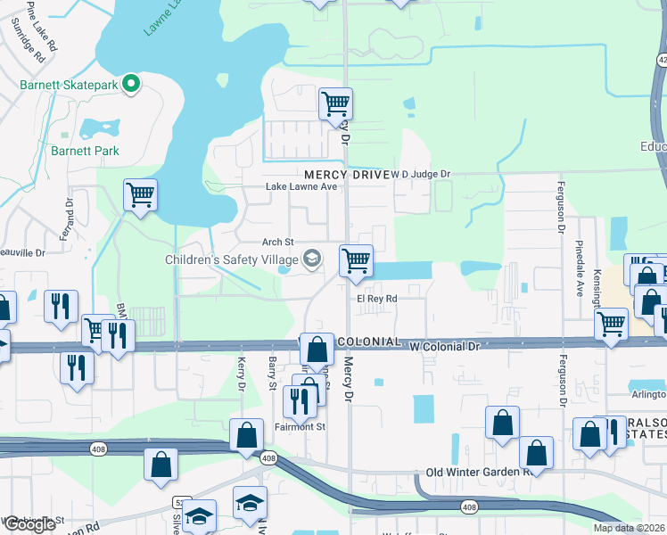 map of restaurants, bars, coffee shops, grocery stores, and more near 917 Mercy Drive in Orlando