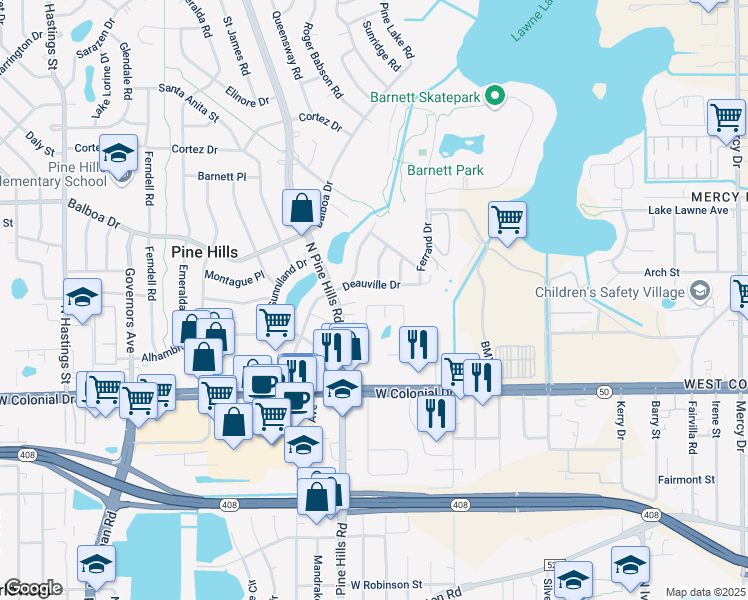 map of restaurants, bars, coffee shops, grocery stores, and more near 817 Pickfield Court in Orlando