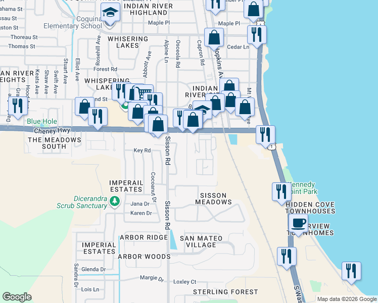 map of restaurants, bars, coffee shops, grocery stores, and more near 4725 Tuscarora Road in Titusville