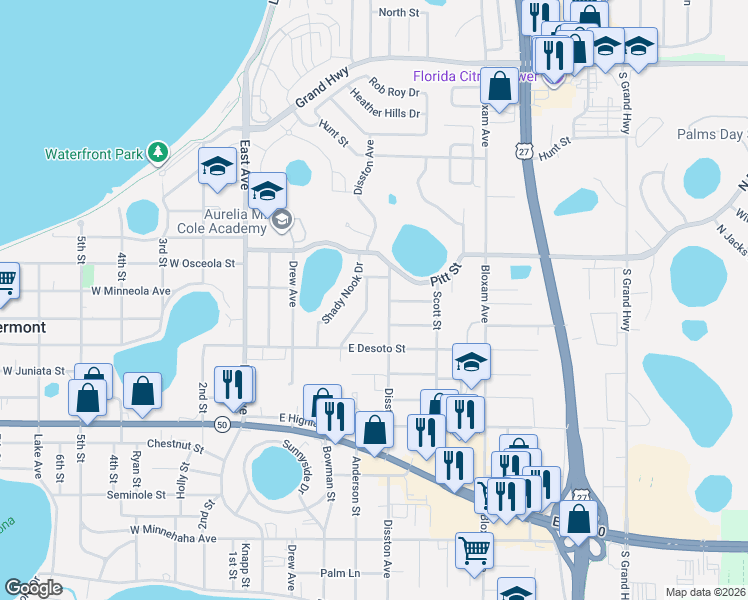 map of restaurants, bars, coffee shops, grocery stores, and more near 637 Disston Avenue in Clermont