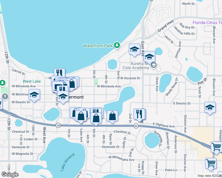 map of restaurants, bars, coffee shops, grocery stores, and more near 357 West Minneola Avenue in Clermont