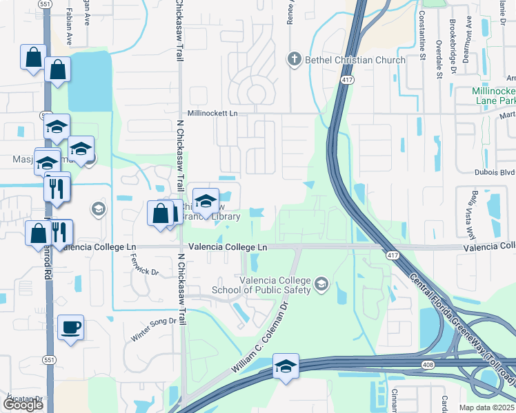 map of restaurants, bars, coffee shops, grocery stores, and more near 8425 Valencia Village Lane in Orlando