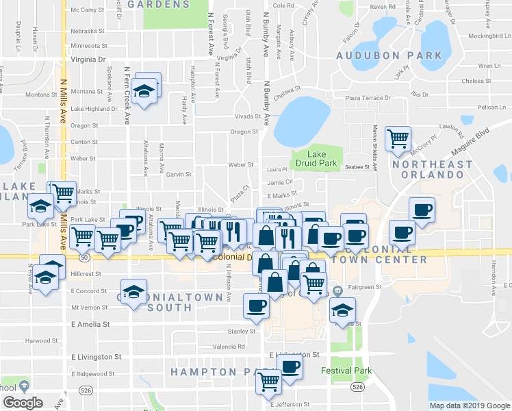 map of restaurants, bars, coffee shops, grocery stores, and more near 2305 Illinois Street in Orlando