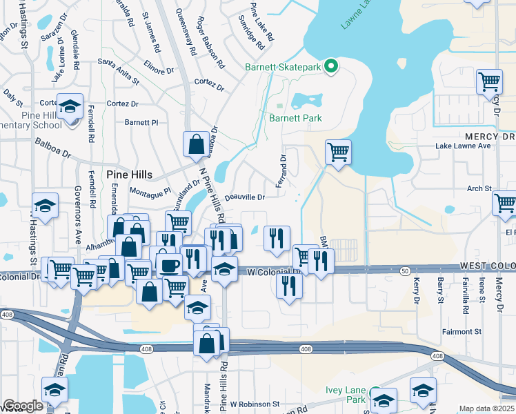 map of restaurants, bars, coffee shops, grocery stores, and more near 817 Pickfield Court in Orlando