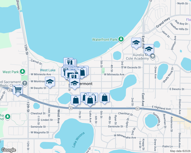 map of restaurants, bars, coffee shops, grocery stores, and more near 561 West Minneola Avenue in Clermont