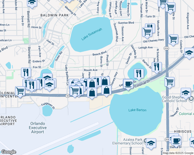 map of restaurants, bars, coffee shops, grocery stores, and more near 805 Wingo Street in Orlando