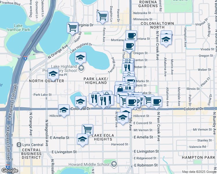 map of restaurants, bars, coffee shops, grocery stores, and more near 817 Laurel Avenue in Orlando