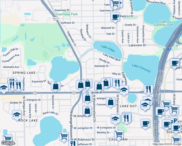 map of restaurants, bars, coffee shops, grocery stores, and more near 775 Ellwood Avenue in Orlando