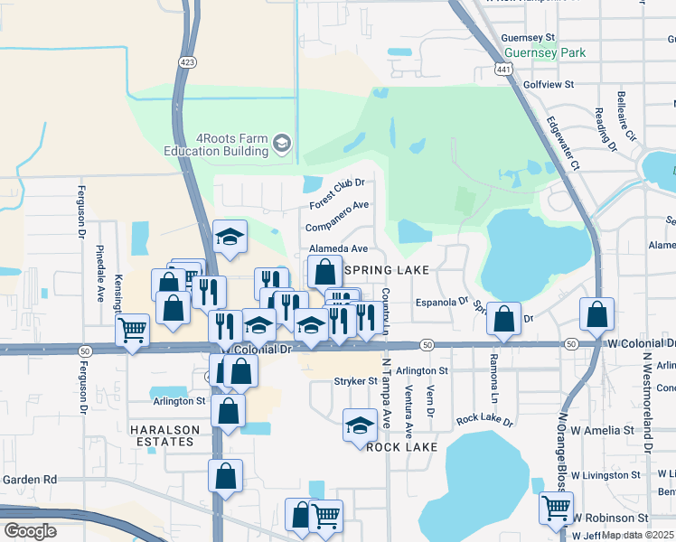 map of restaurants, bars, coffee shops, grocery stores, and more near 900 Hillary Court in Orlando
