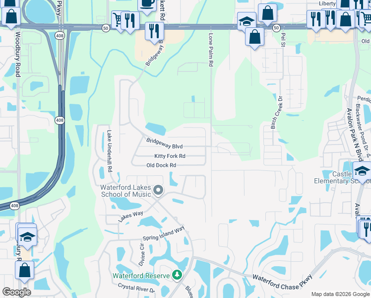 map of restaurants, bars, coffee shops, grocery stores, and more near 648 Bridgeway Boulevard in Orlando
